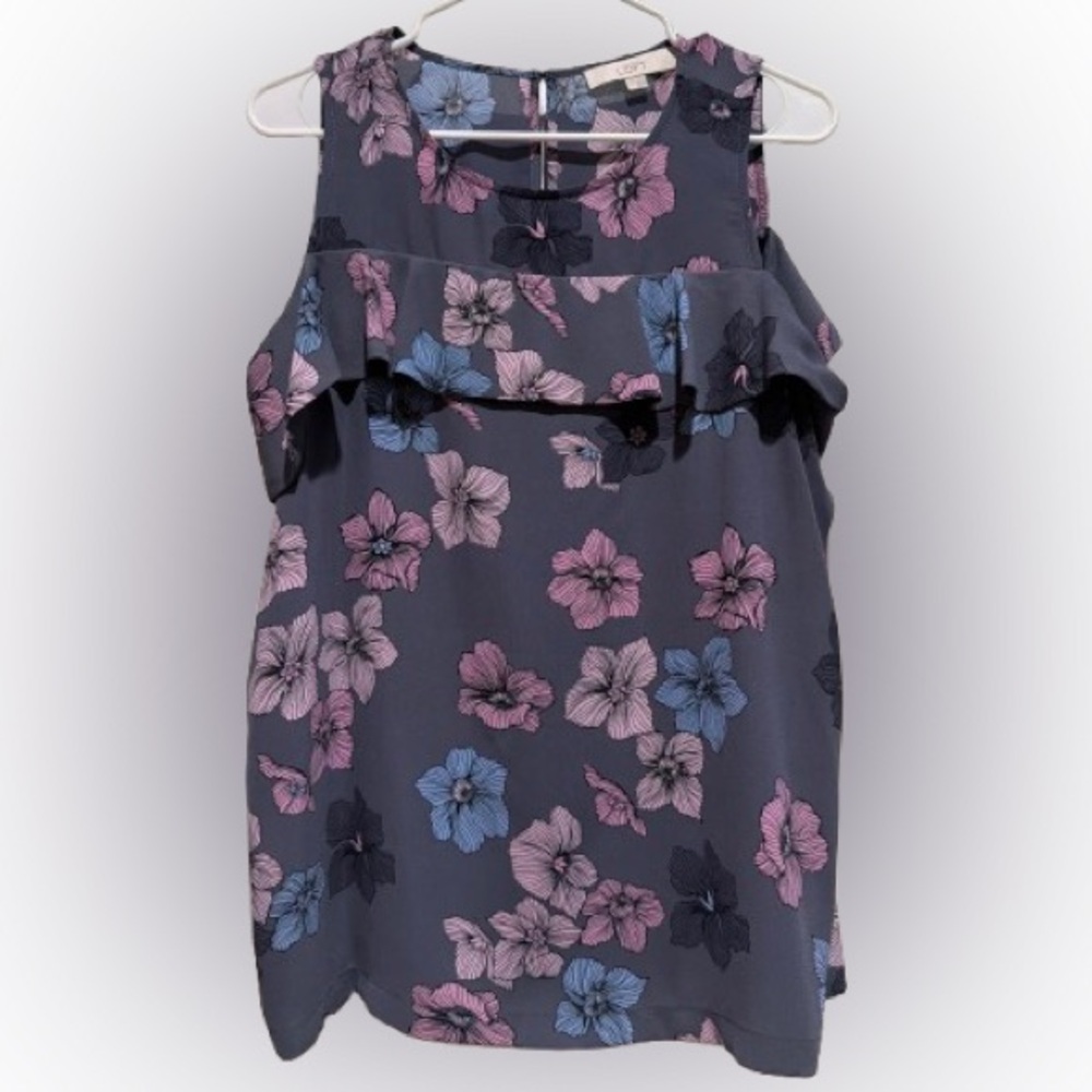 LOFT Floral Ruffle Blouse - Charcoal with Pink and Blue Flowers L